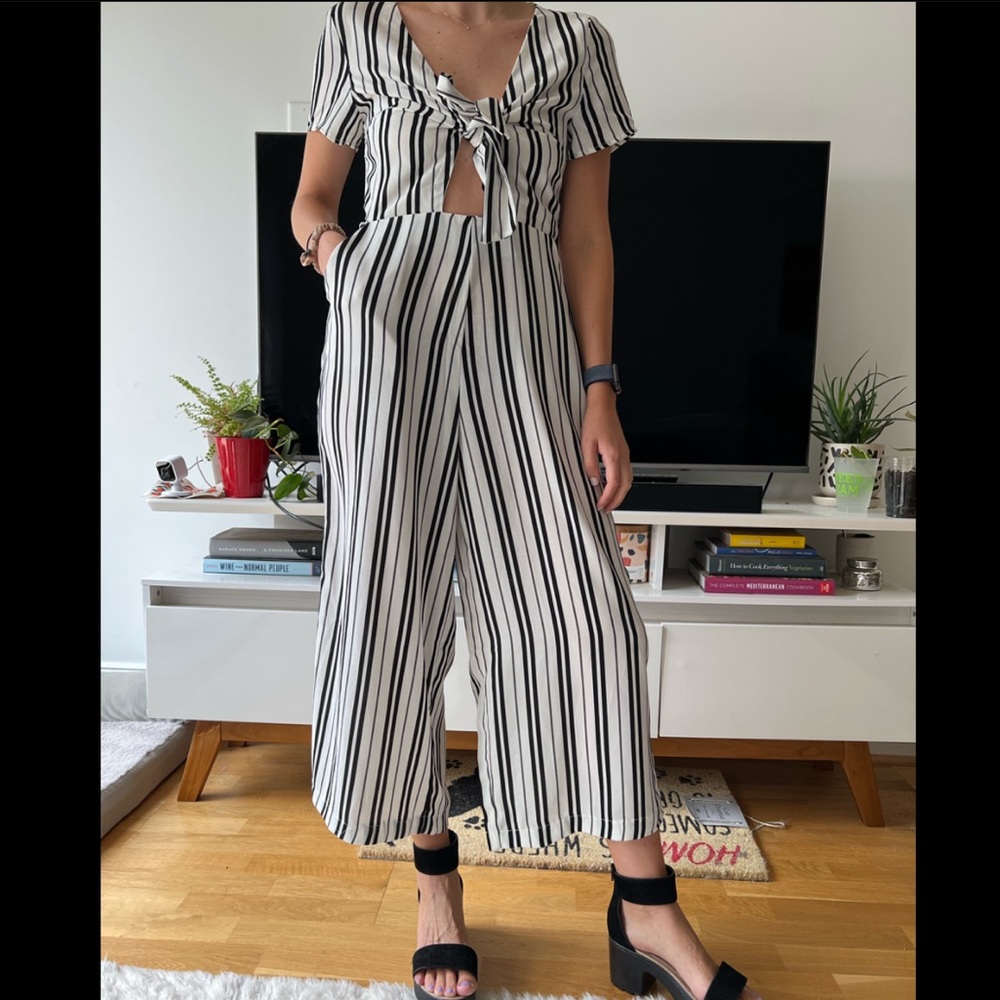 Lucy Wang black & white striped jumpsuit with front tie